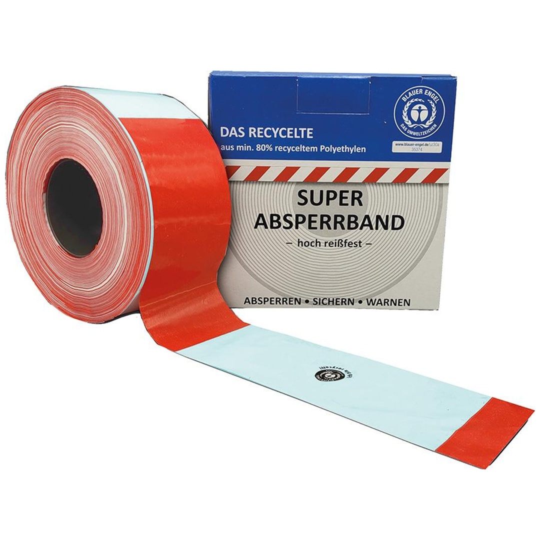 Absperrband 100 m-Rolle rot/weiß geblockt, aus mind. 80% Regranulat, Blauer Engel zertifiziert