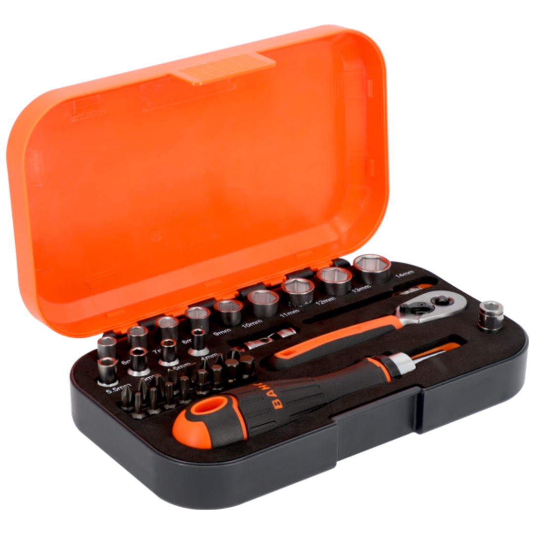 Bahco 1/4 Steckschlüssel-Satz  mit Sechskant-Profil und Bits mit magnetischem Bithalter, 34-tlg.