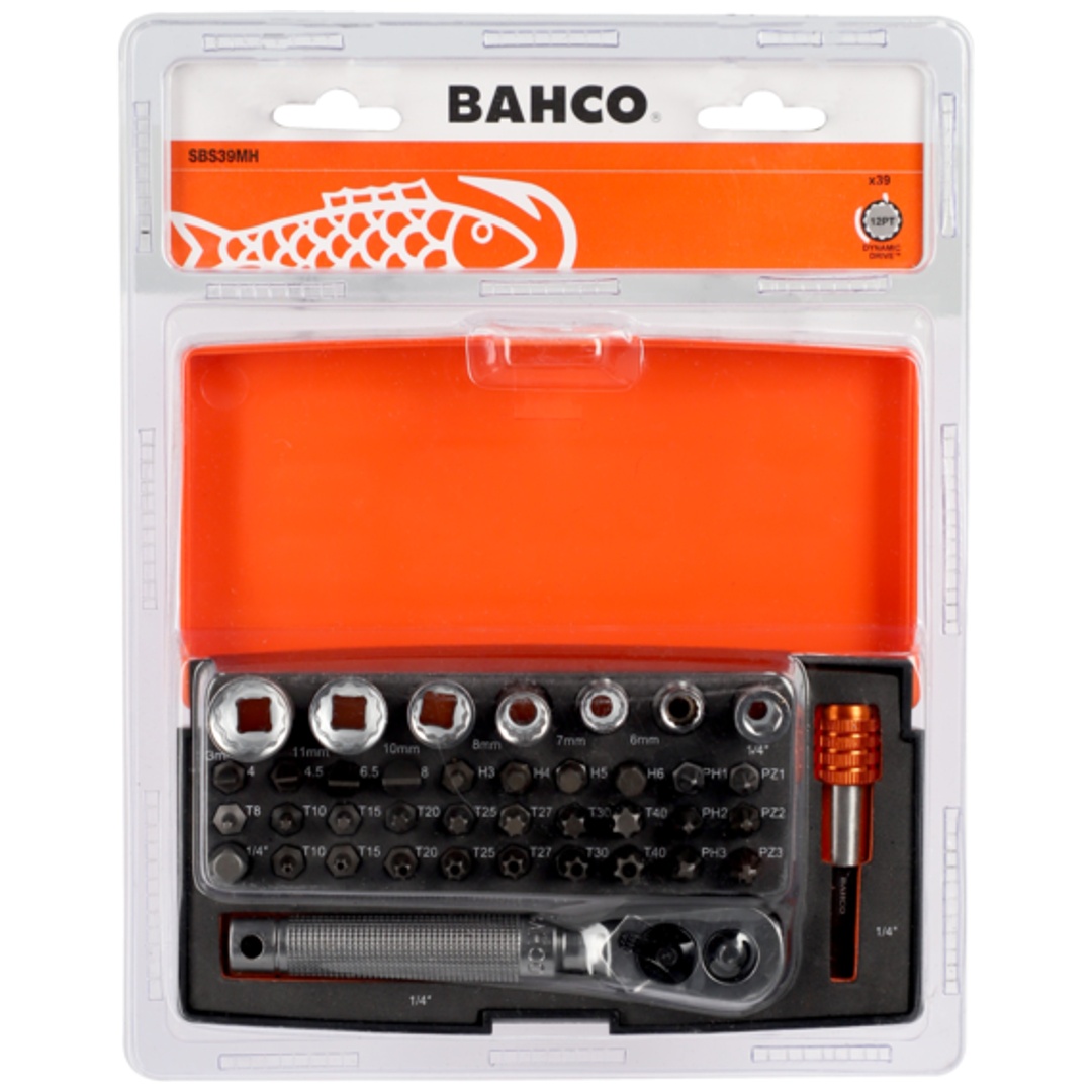 Bahco 1/4 Steckschlüssel-Satz, metrisch, Zwölfkant, inklusive Bits & Bithalter - 39-tlg.