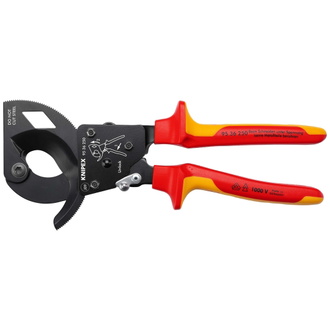 Knipex Kabelschneider (Ratschenprinzip) isoliert mit Mehrkomponenten-Hüllen, VDE-geprüft schwarz lackiert 250 mm (SB-Karte/Blister)
