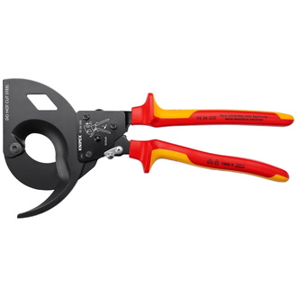 Knipex Kabelschneider (Ratschenprinzip, Dreigang) isoliert mit Mehrkomponenten-Hüllen, VDE-geprüft schwarz atramentiert 320 mm