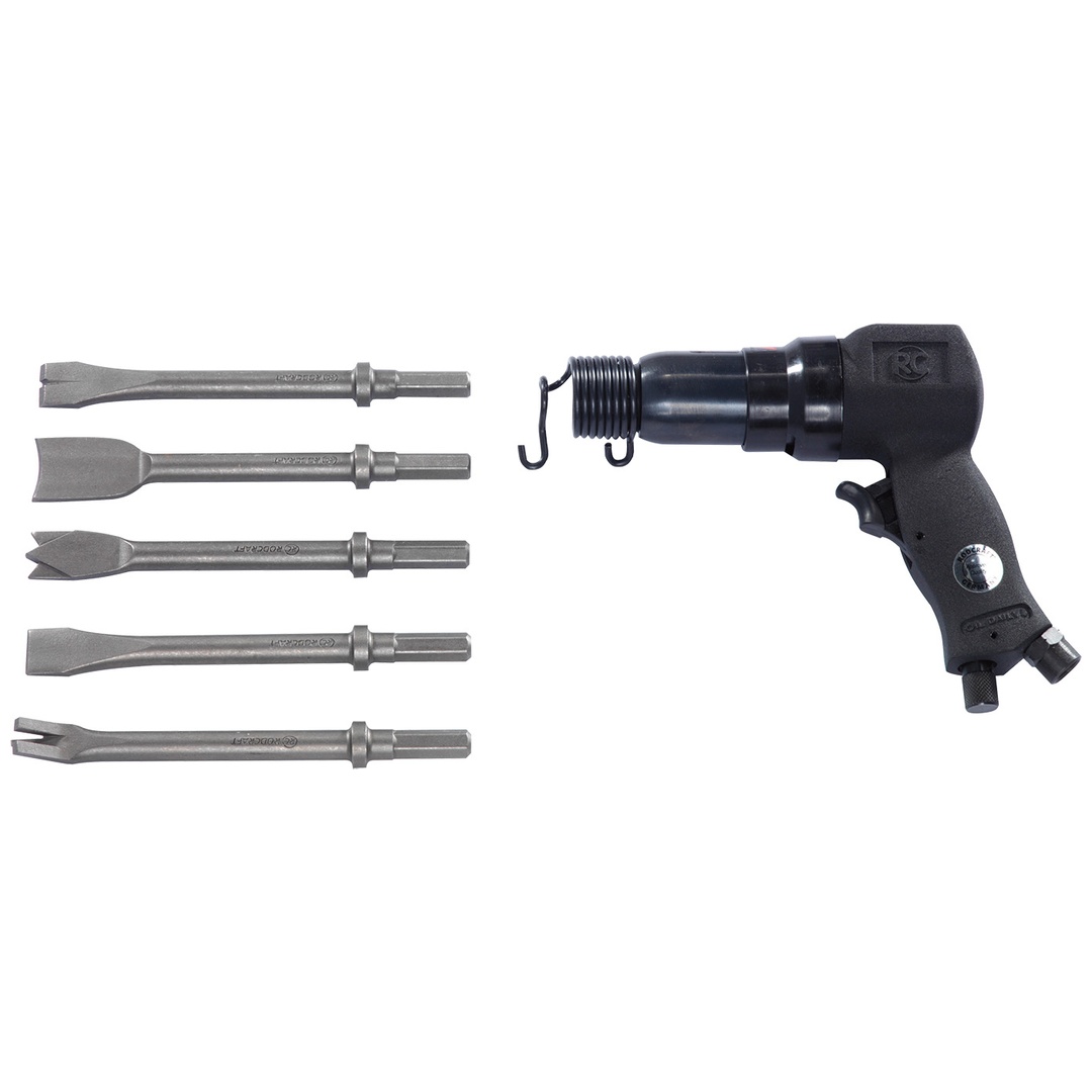 Rodcraft Werkzeug-Set RC5120: Druckluft-Meißelhammer RC5100 für Metall, HEX 11 mm, 6 J Schlagkraft, 3000 Schläge/min, mit 5 Meißel und Koffer