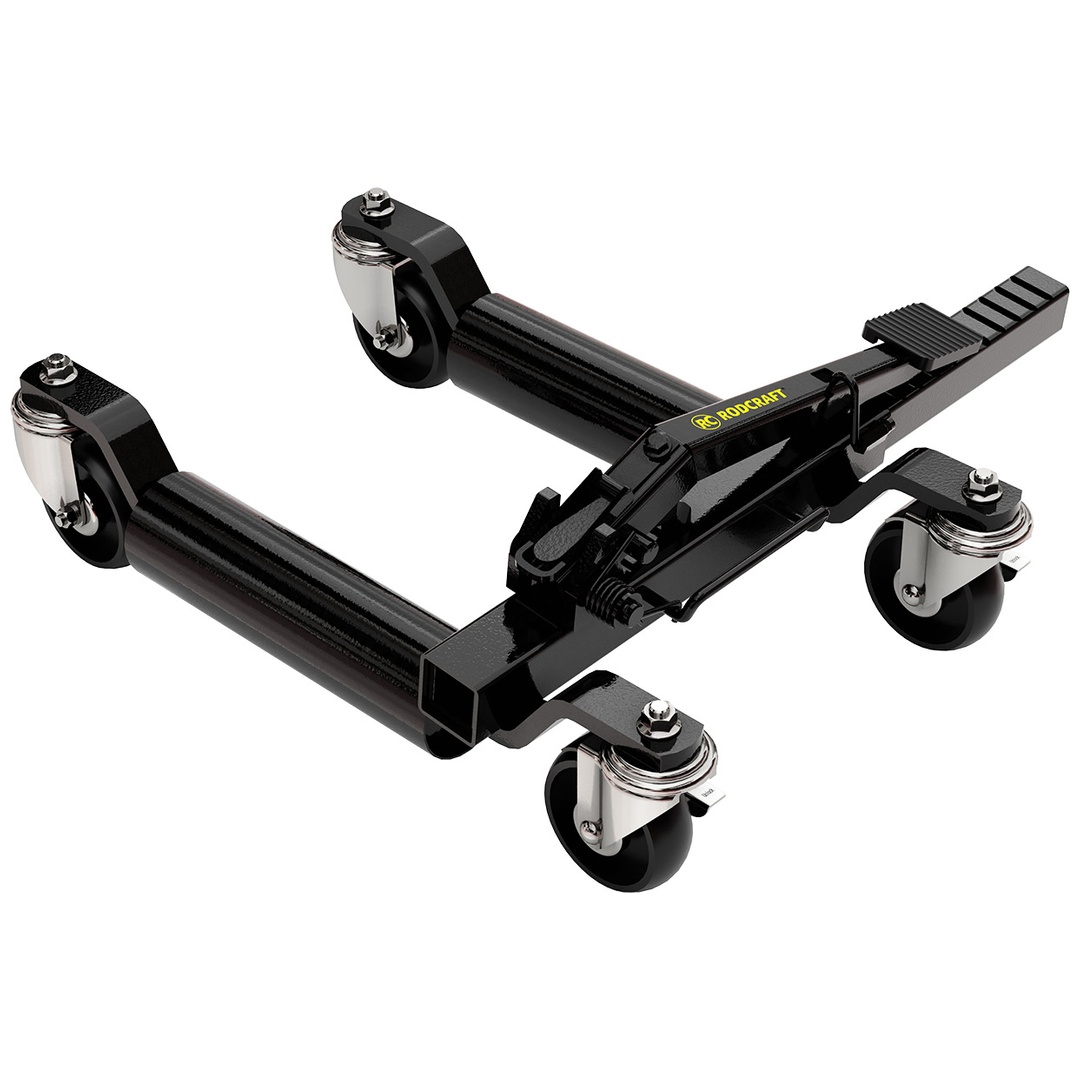 Rodcraft PKW Rangierhilfe, mechanisch mit Pedal-Ratschen-System, max. Tragkraft 590 kg, insg. 4 Rollen, 2 Lenkrollen mit Bremsen