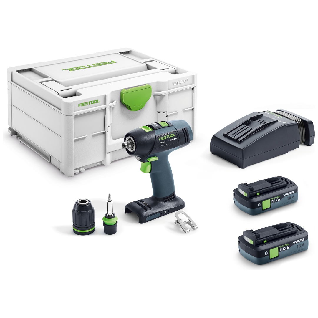 Festool Akku-Bohrschrauber T 18+3 TBX 4,0 I-Plus, incl. 2x Akku 4 Ah, Schnellladegerät, Zubehör, Systainer