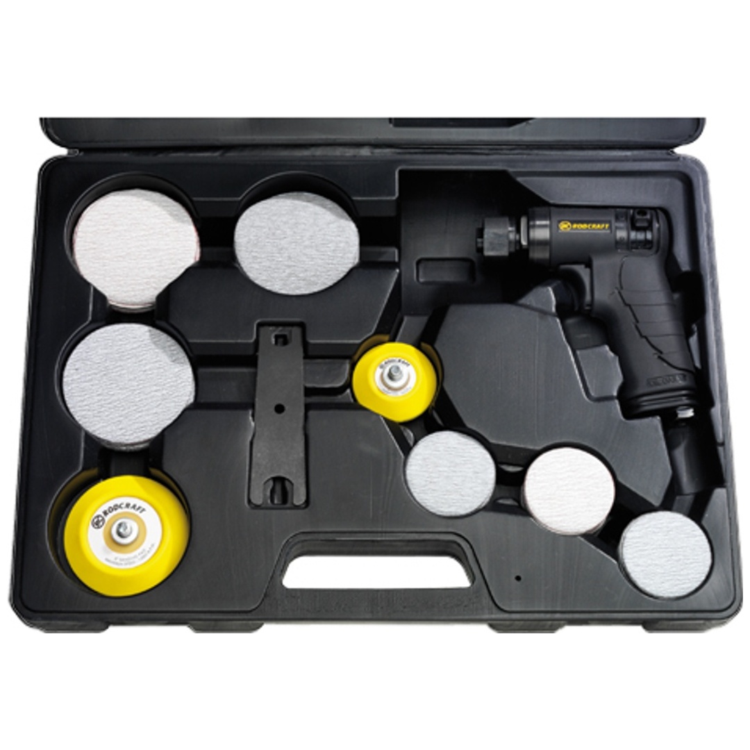 Rodcraft Werkzeug-Set RC7682K: Druckluft-Exzenterschleifer RC7682, Drehzahl 15000 U/min, incl. 50 mm + 75mm Schleifpad sowie div. Schleifblättern