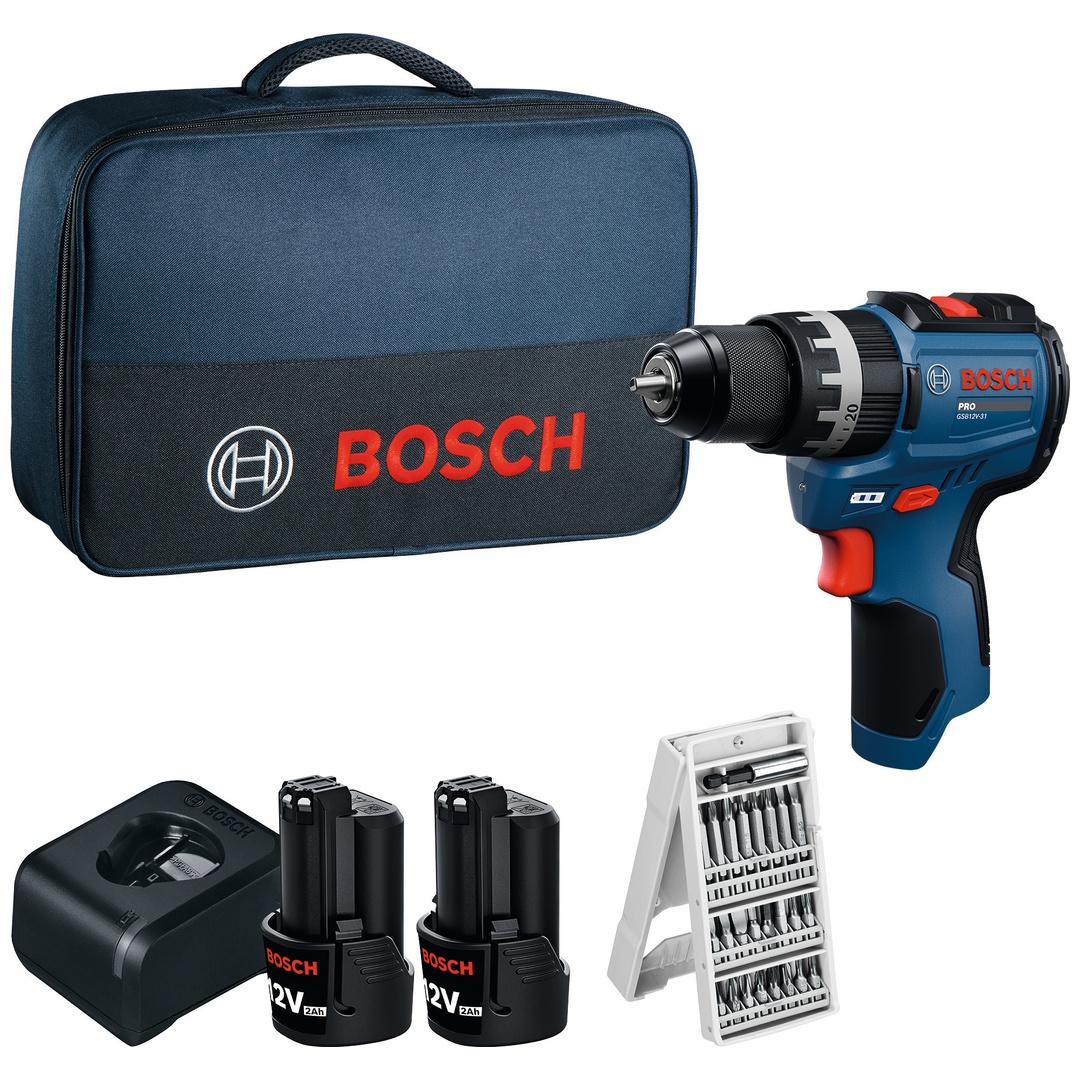 Bosch Professional Bosch Akku-Schlagbohrschrauber GSB12V-31, incl. 2x Akku GBA 2 Ah, Ladegerät, Schrauberbit-Set, Werkzeugtasche