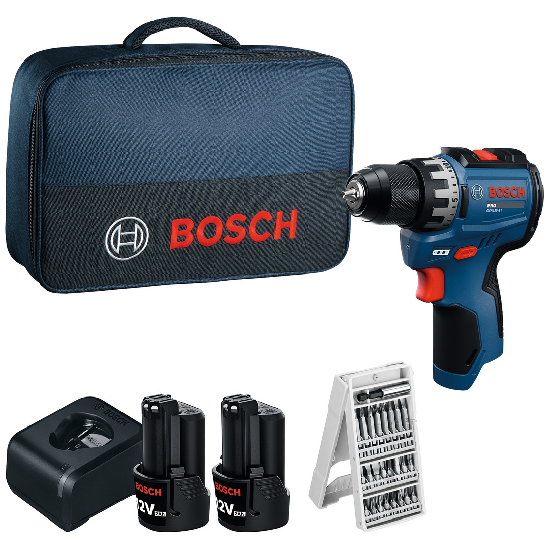 Bosch Professional Bosch Akku-Bohrschrauber GSR12V-31, incl. 2x Akku GBA 2 Ah, Ladegerät, Bitset, Werkzeugtasche