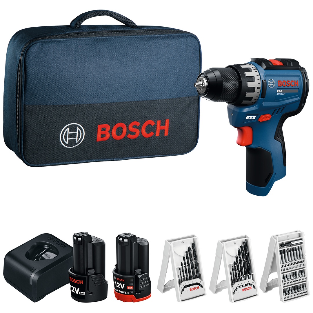 Bosch Professional Bosch Akku-Bohrschrauber GSR12V-31, incl. 2x Akku GBA 2 / 3 Ah, Ladegerät, Zubehör, Werkzeugtasche