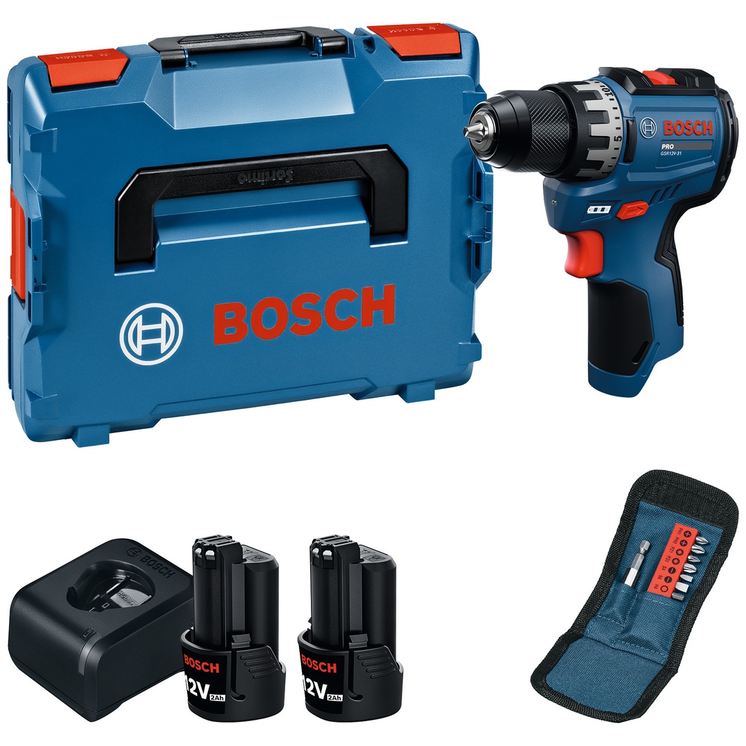 Bosch Professional Bosch Akku-Bohrschrauber GSR12V-31, incl. 2x Akku GBA 2 Ah, Ladegerät, L-BOXX