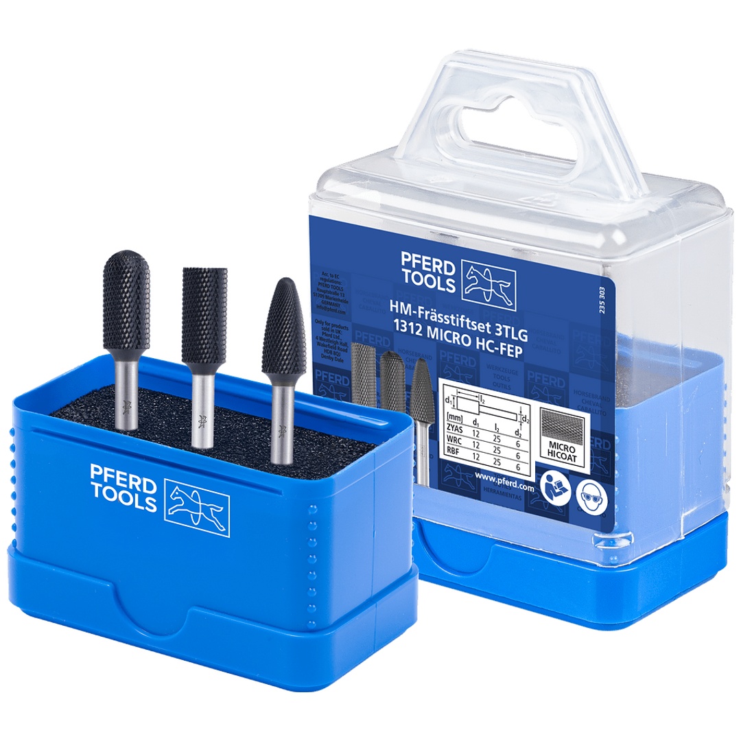 PFERD TOOLS Hartmetall Hochleistungsfrässtift Set 1312 MICRO 3-tlg Ø 12mm Schaft-Ø 6mm HICOAT beschichtet für die Feinbearbeitung