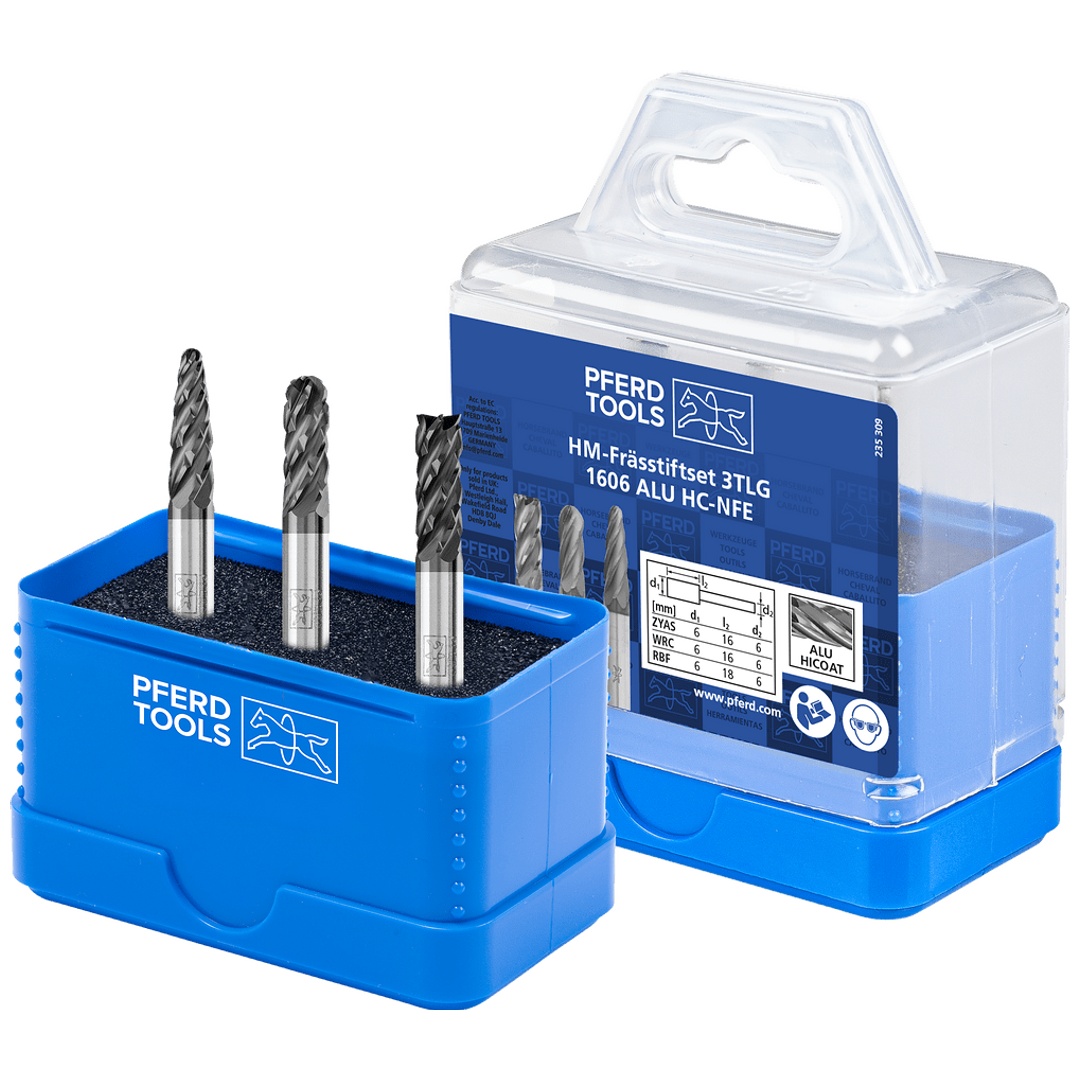 PFERD TOOLS Hartmetall Hochleistungsfrässtift Set 1606 ALU 3-tlg Ø 6mm Schaft-Ø 6mm HICOAT beschichtet beschichtet für für Alu/NE Metalle