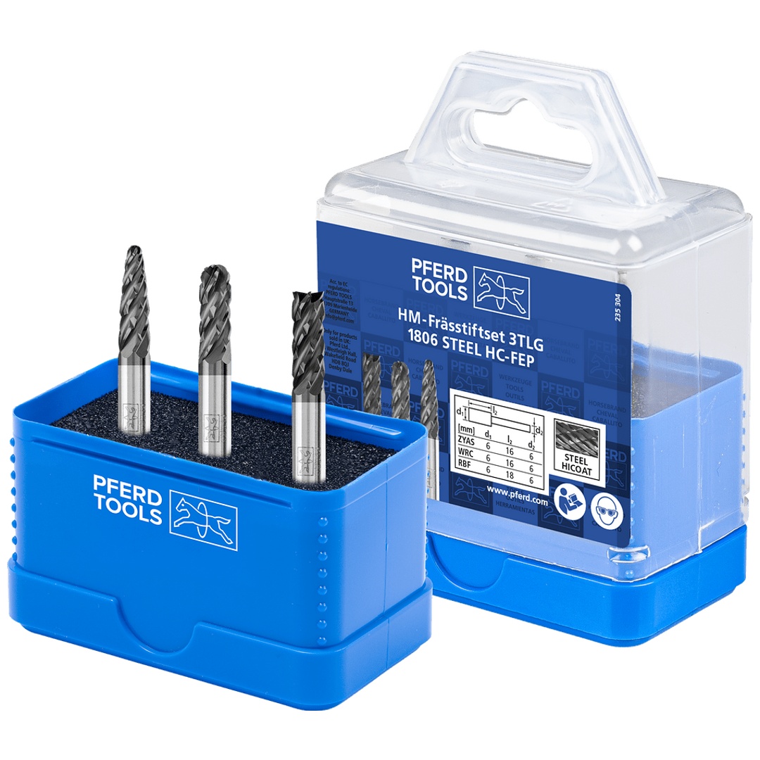 PFERD TOOLS Hartmetall Hochleistungsfrässtift Set 1806 STEEL 3-tlg Ø 6mm Schaft-Ø 6mm HICOAT beschichtet für Stahl