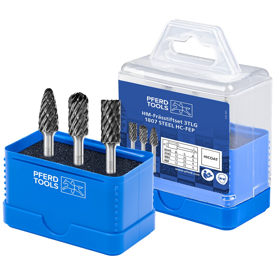 PFERD TOOLS Hartmetall Hochleistungsfrässtift Set 1807 STEEL 3-tlg Ø 12mm Schaft-Ø 6mm HICOAT beschichtet beschichtet für für Stahl