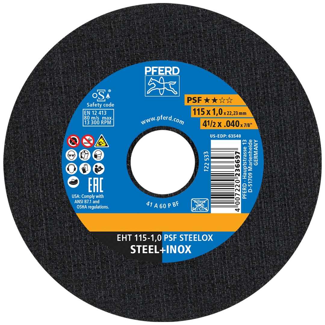 PFERD TOOLS Trennscheibe EHT 115x1,0x22,23 mm gerade Universallinie PSF STEELOX für Stahl/Edelstahl (10)