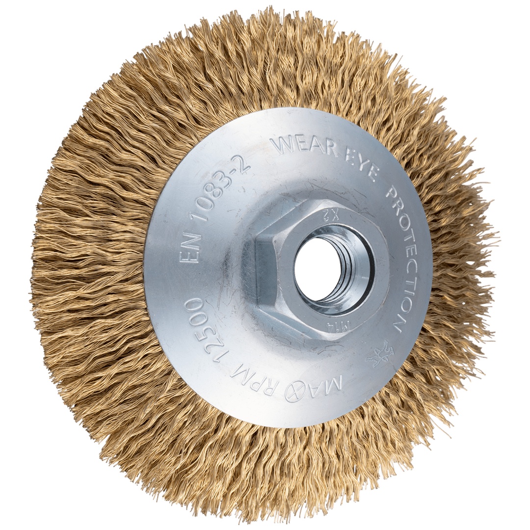 PFERD TOOLS Kegelbürste ungezopft KBU Ø 100x10mm M14 vermessingter Stahl-Litzen-Draht-Ø 0,20 mm Winkelschleifer