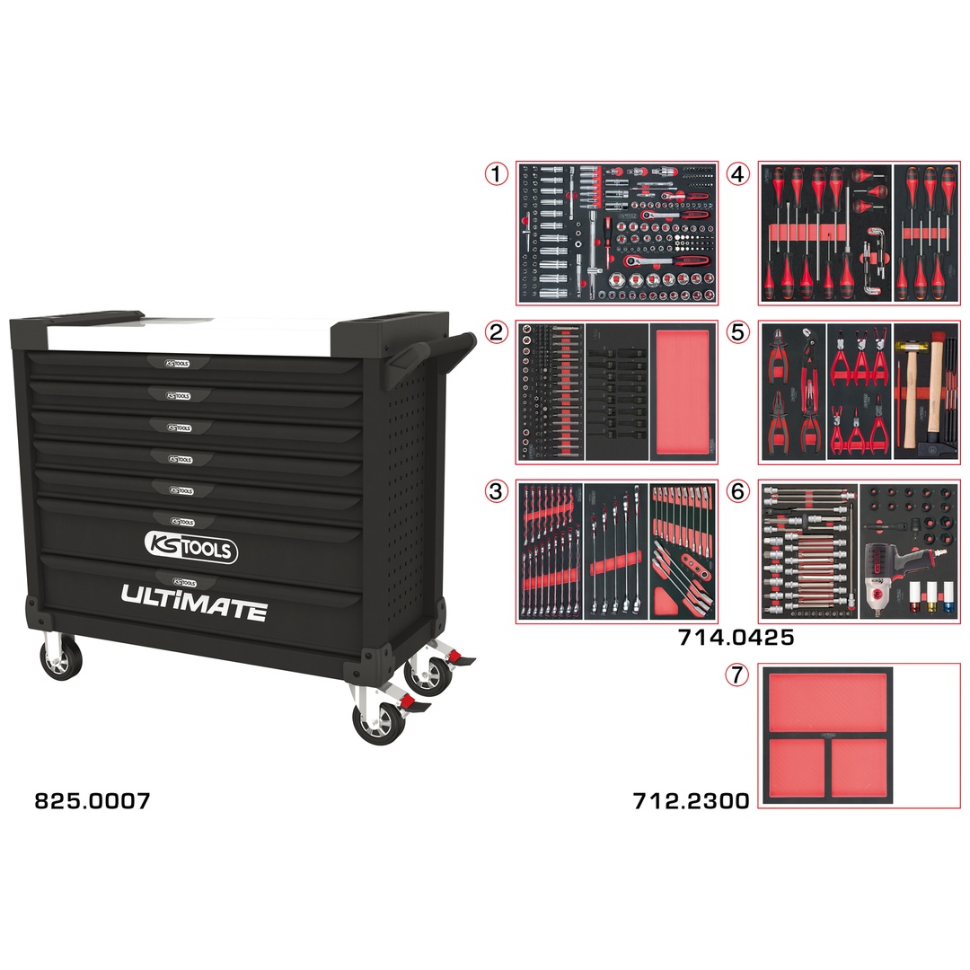 KS Tools Schwarzer Werkzeugwagen ULTIMATE XL mit 7 Schubladen, bestückt mit 428 Werkzeugen