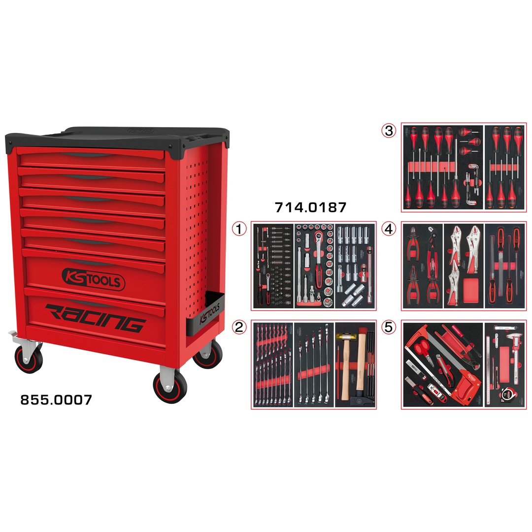 KS Tools RACING-Werkzeugwagen mit 7 Schubladen, bestückt mit 187 Werkzeugen