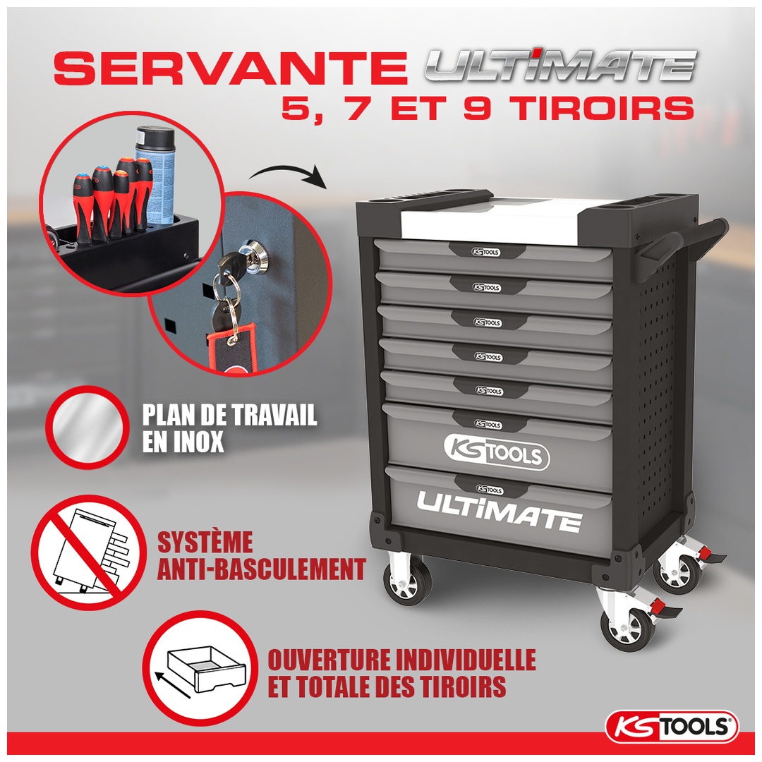 KS Tools Leerer Werkstattwagen ULTIMATE in Rot, 7 Schubladen