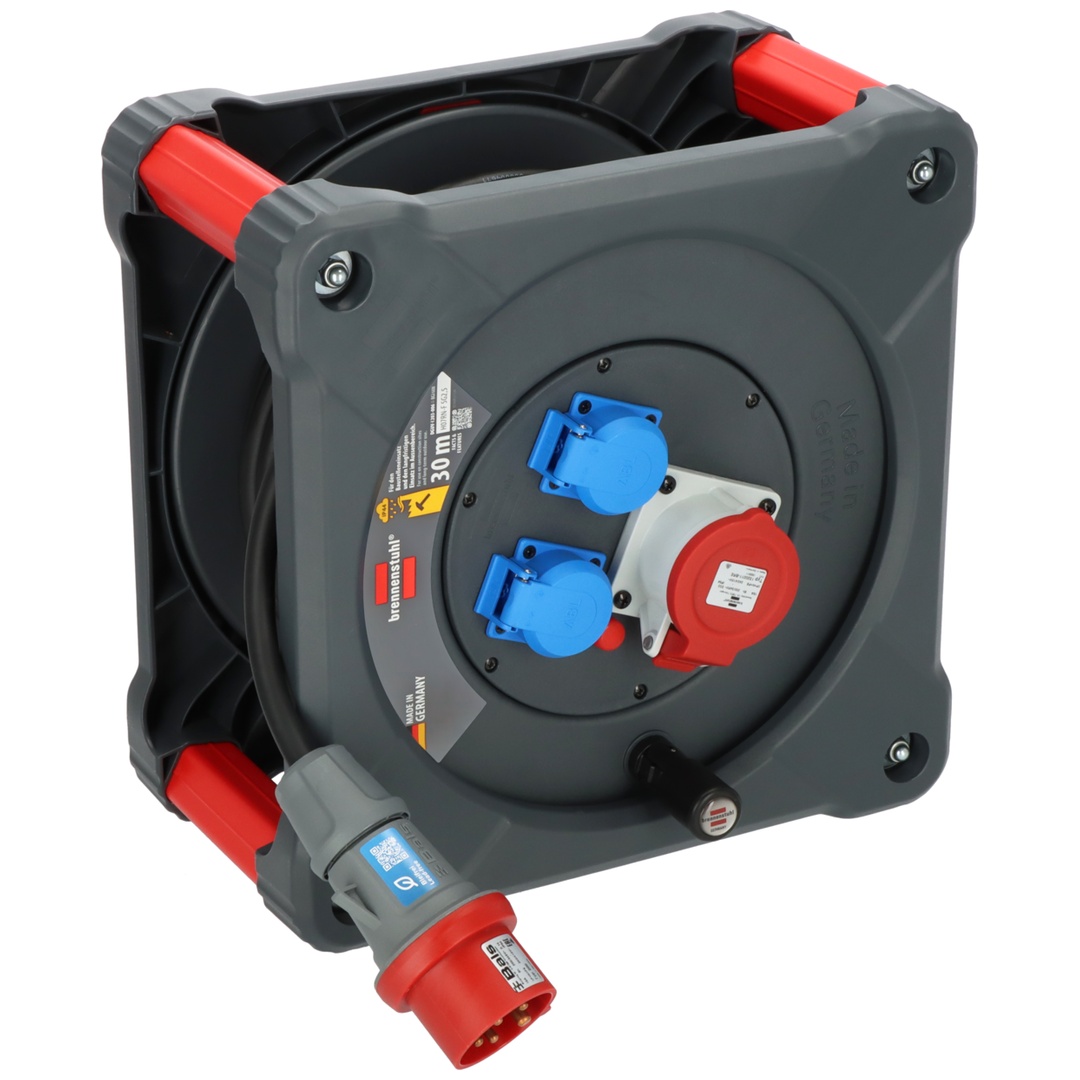 Brennenstuhl Professional Baustellen-Kabeltrommel KD 3200 C1 mit CEE-Stecker, CEE-Steckdose und 2 Schutzkontakt-Steckdosen (30m Kabel in schwarz, stän