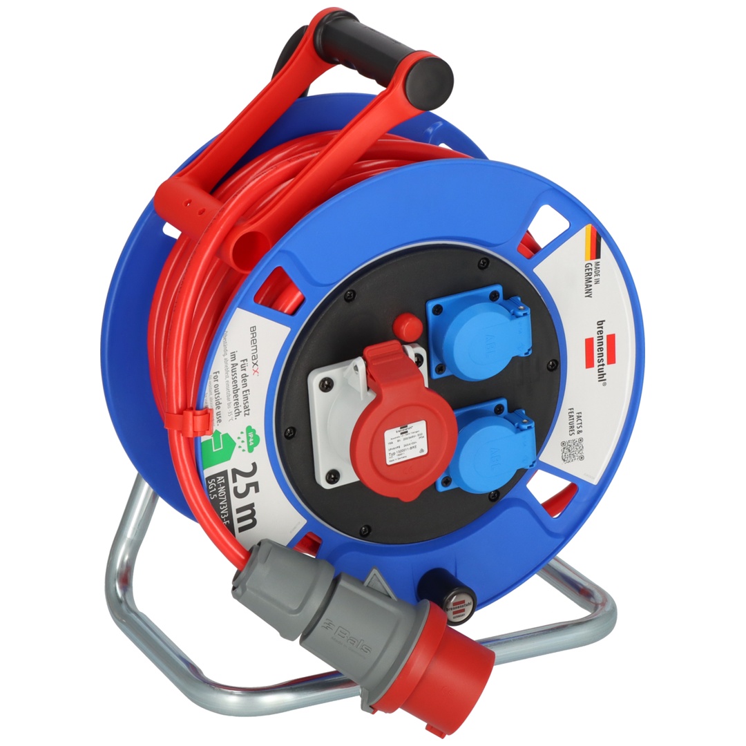 Brennenstuhl Garant CEE 1 IP44 Kabeltrommel (25m Kabel in signalrot, aus Spezialkunststoff, Einsatz im Außenbereich, Made in Germany)