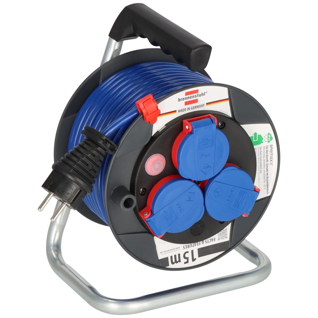 Brennenstuhl Garant Kompakt IP44 Kabeltrommel, 15 m Kabel in blau, Spezialkunststoff