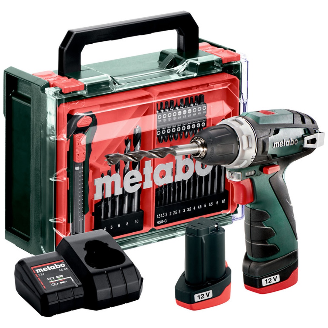 Metabo Akku-Bohrschrauber PowerMaxx BS Basic Set, incl. 2x Akku Li-Power 2 Ah, Ladegerät, Zubehör-Set, Kunststoffkoffer