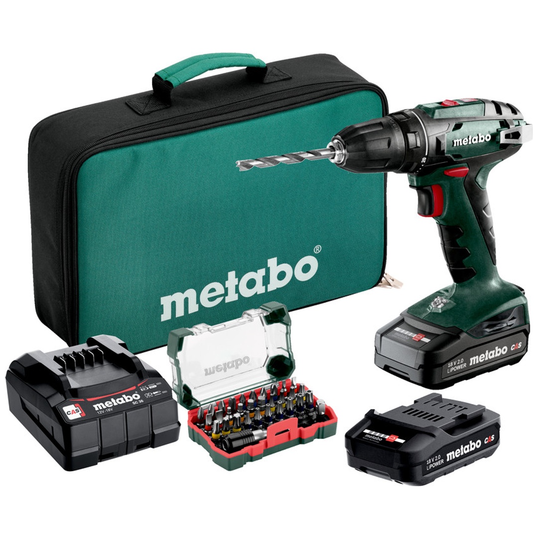 Metabo Akku-Bohrschrauber BS 18 Set, mit Bit-Box SP (32-tlg.), Werkzeugtasche, 18V 2x2Ah Li-Power + Ladegerät