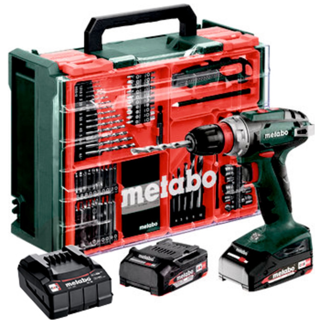 Metabo Akku-Bohrschrauber BS 18 Quick Set, incl. 2x Akku Li-Power 2 Ah, Ladegerät, Zubehör-Set, Kunststoffkoffer