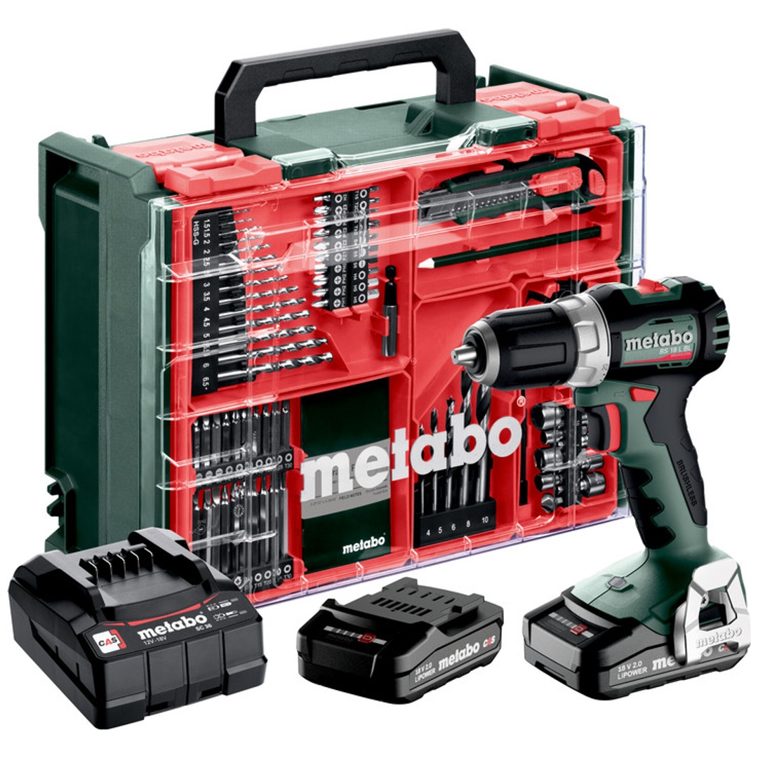 Metabo Akku-Bohrschrauber BS 18 L BL Set, incl. 2x Akku Li-Power 2 Ah, Ladegerät, Zubehör-Set, Kunststoffkoffer