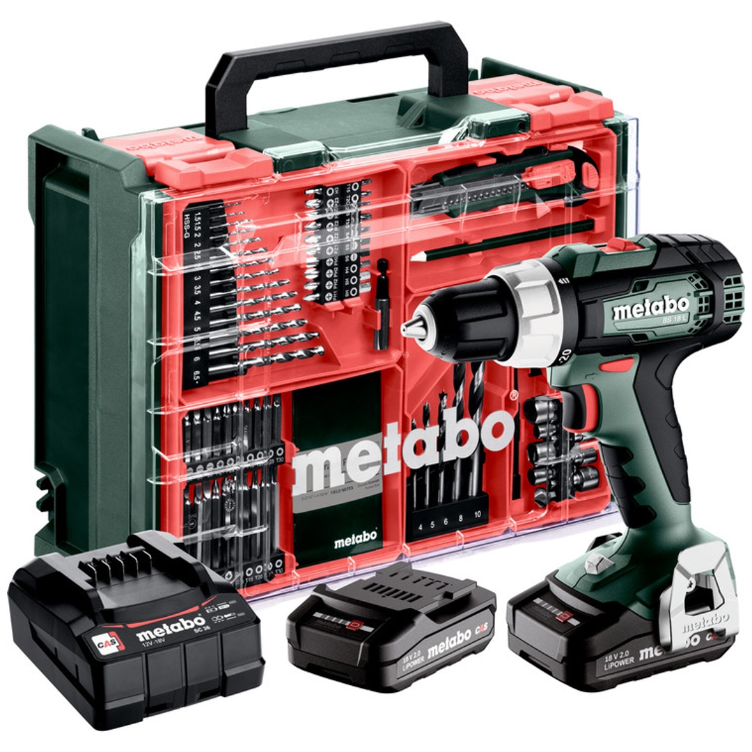 Metabo Akku-Bohrschrauber BS 18 L Set, incl. 2x Akku Li-Power 2 Ah, Ladegerät, Zubehör, Kunststoffkoffer