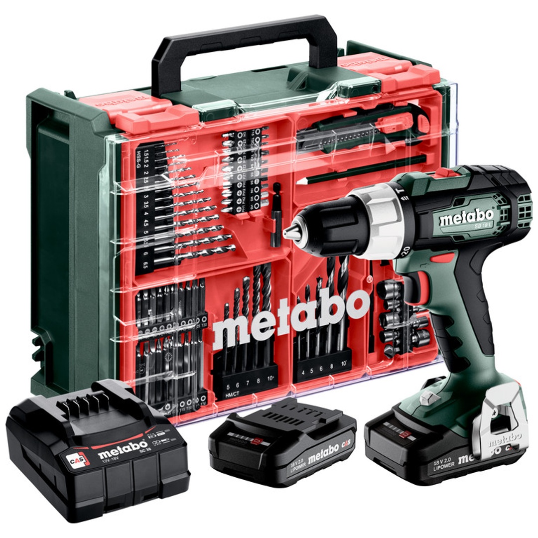 Metabo Akku-Schlagbohrschrauber SB 18 L Mobile Werkstatt, incl. 2x Akku LiPower 2 Ah, Ladegerät, Zubehör-Set, Kunststoffkoffer