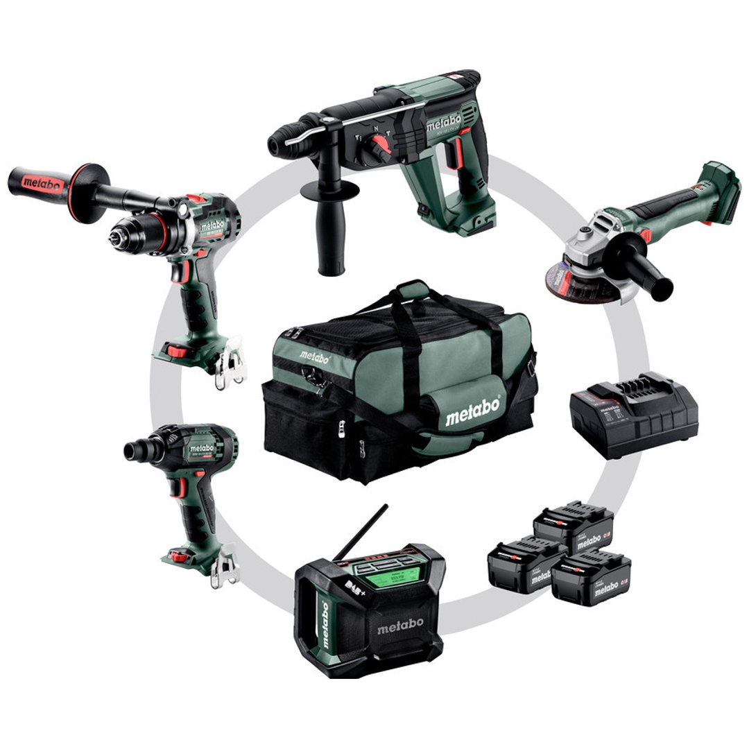 Metabo Akku Combo Set Bauhandwerk 5.2, BS 18 LTX BL + KH 18 LTX 24 + W 18 L 9-125 Quick + SSW 18 LTX 300 BL + R 12-18 DAB BT, Werkzeugtasche