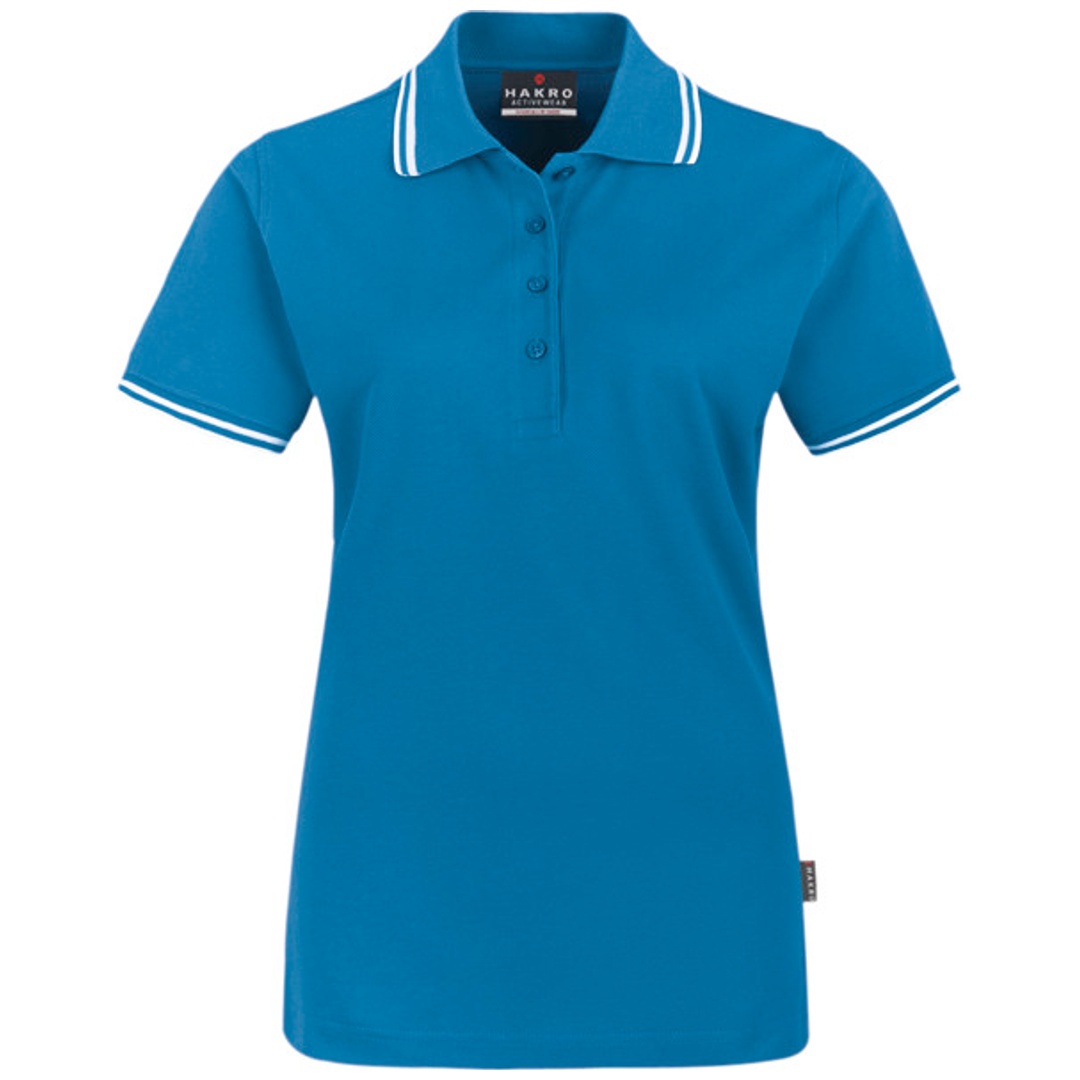 HAKRO Poloshirt Twin-Stripe Damen #205 Gr. S türkis/weiß