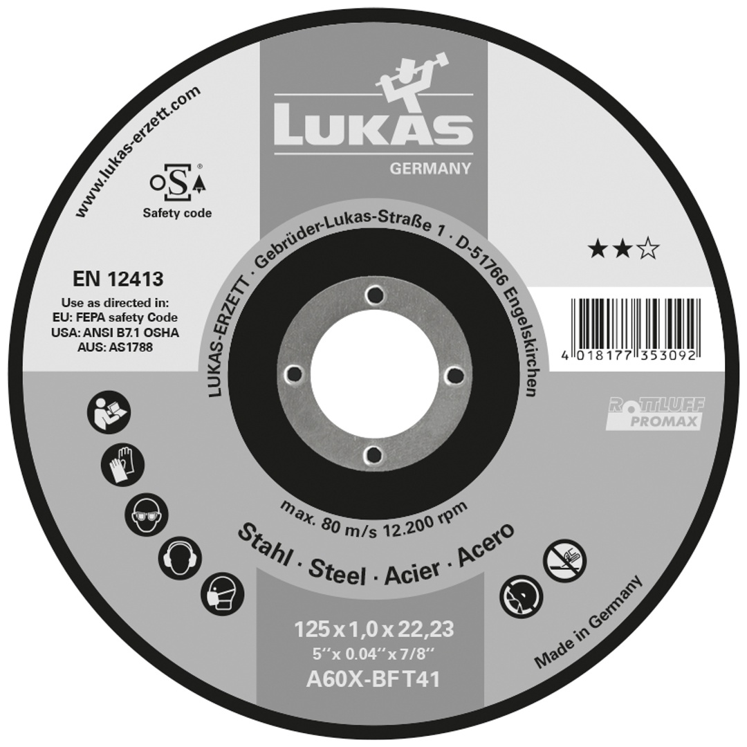 LUKAS-ERZETT LUKAS Trennscheibe T41 für Stahl 125x2 mm gerade, für Winkelschleifer, A36U-BF