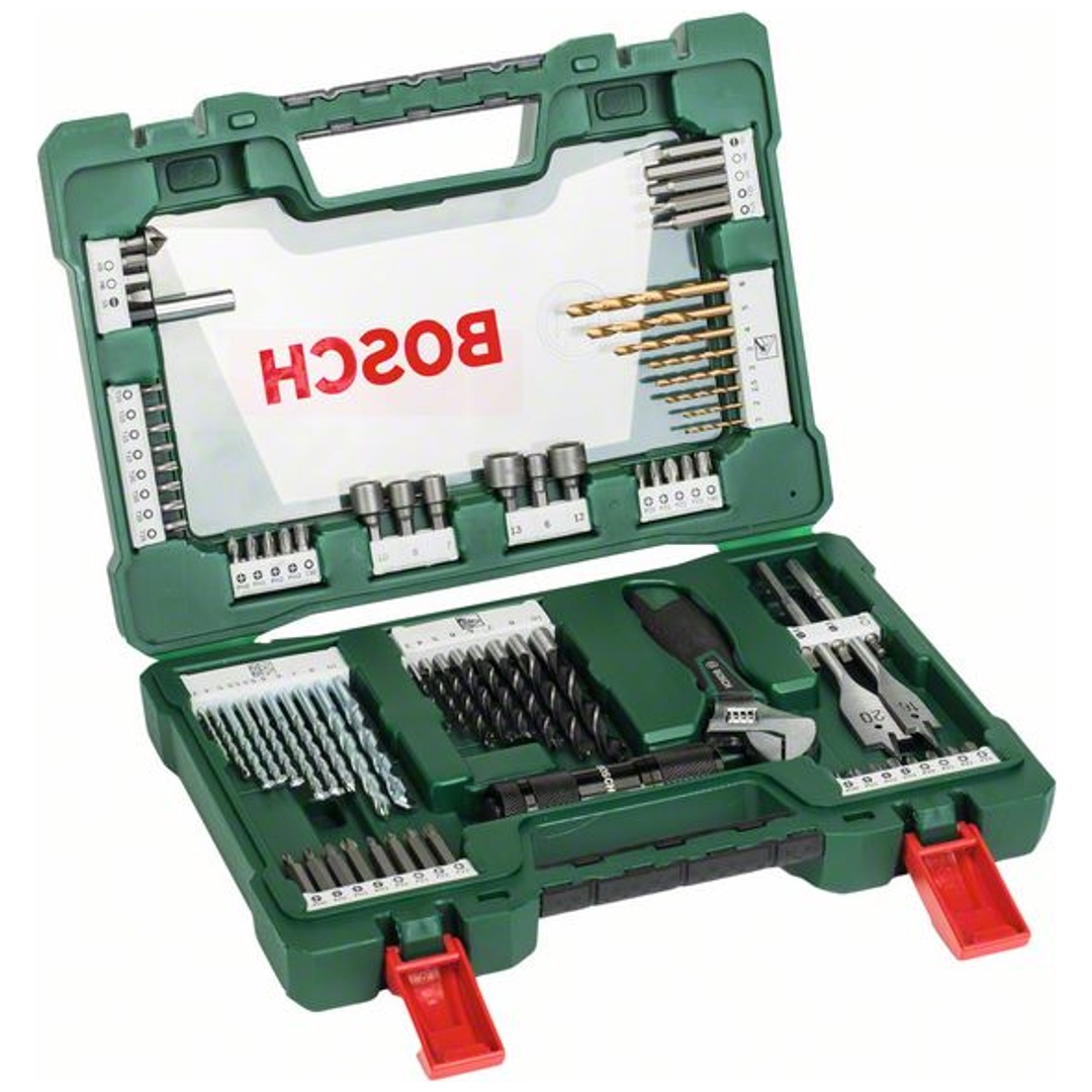 Bosch V-Line Box, Bohrer- und Bit-Set, 83-teilig, LED-Taschenlampe, Rollgabelschlüssel