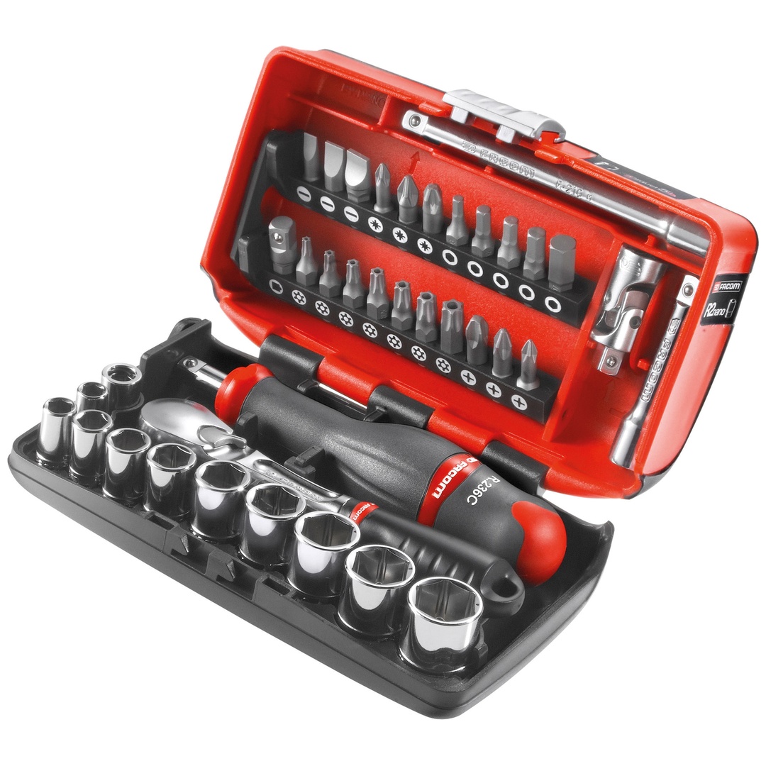 FACOM Steckschlüssel-Set 1/4 6-Kant, 38-tlg., Knarre staubdicht