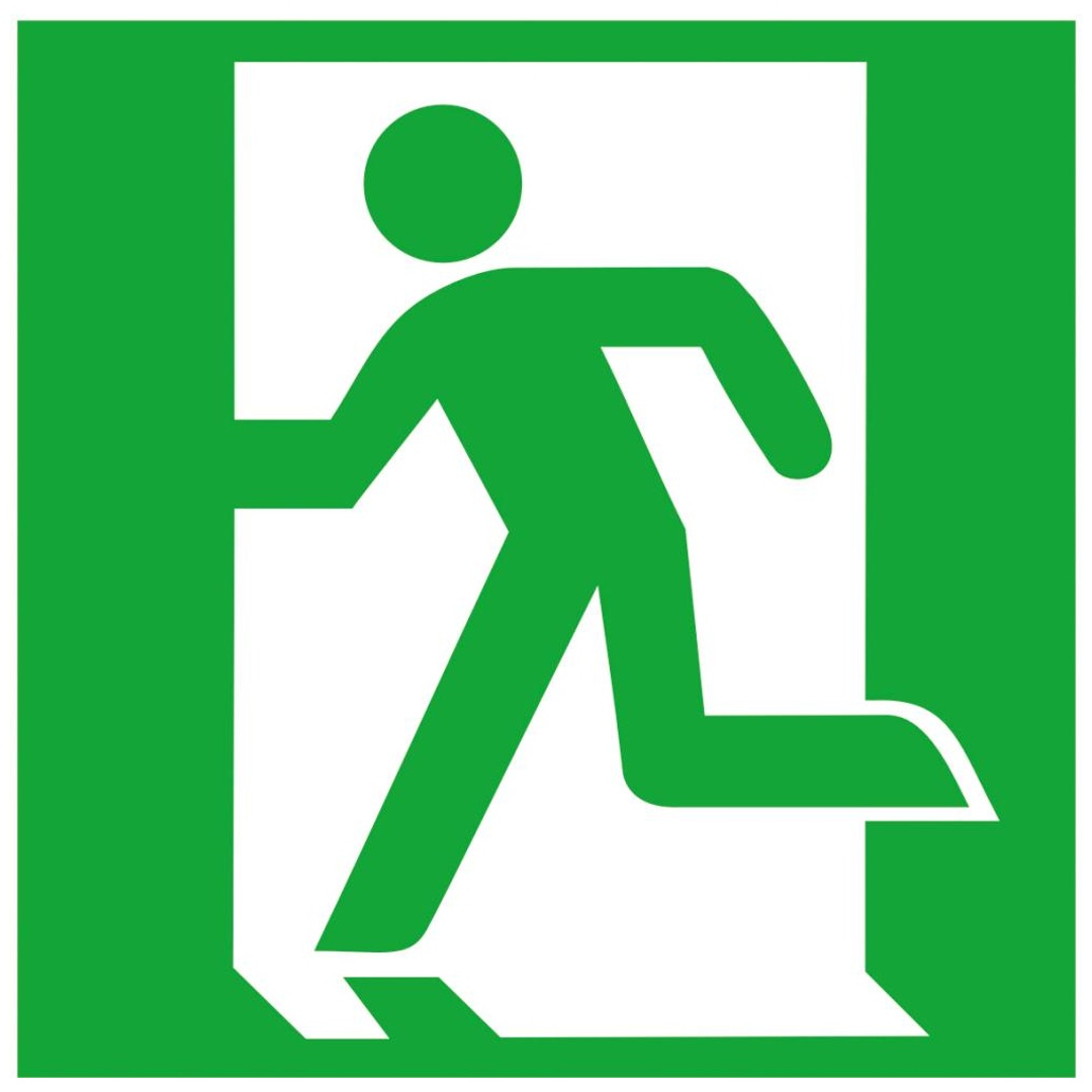 SAFETYMARKING Fluchtwegs-child B150xH150mm Alumin-ium Notausgang links lan-gnachleuchtend