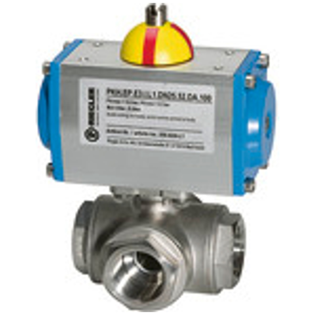 Riegler Edelstahlkugelhahn, pneumat. Stellantrieb doppeltwirk., T-Bohrung T1, Rp 2