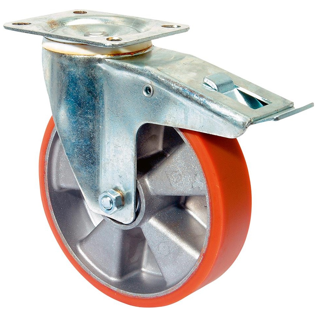BS Rollen Lenkrolle mit Totalfeststeller, Rad-Ø 200 mm, Tragf. 400 kg, Guss-Polyurethan orange, Platte, Bauhöhe 235 mm