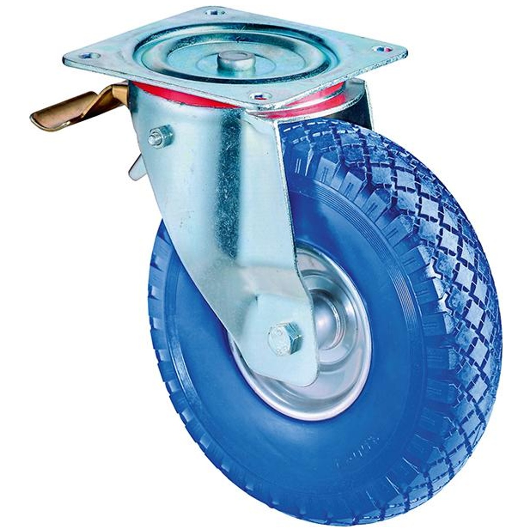 BS Rollen Lenkrolle mit Totalfeststeller Rollenlager, Rad-Ø 260 mm, Tragf. 160 kg, Polyurethan blau, Platte, Bauhöhe 295 mm, Art.Nr. L420.C91.262
