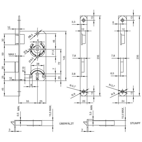 BKS Einsteckschloss, 18mm, 235mm, 55mm, Zimmertür, kantig, DIN links - 2