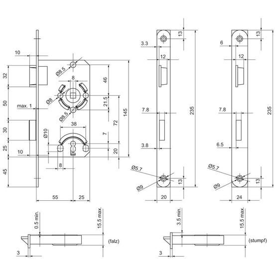 BKS Einsteckschloss, 18mm, 235mm, 55mm, WC-Tür, kantig, DIN links - 2