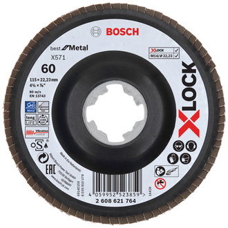 Bosch X-LOCK Fächerschleifscheibe, X571, Best for Metal, gewinkelt, Ø115 mm, K 60, 1 Stk.