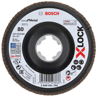 Bosch X-LOCK Fächerschleifscheibe, X571, Best for Metal, gewinkelt, Ø115 mm, G 80, 1 Stk.