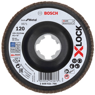 Bosch X-LOCK Fächerschleifscheibe, X571, Best for Metal, gewinkelt, Ø115 mm, G 120, 1 Stk.