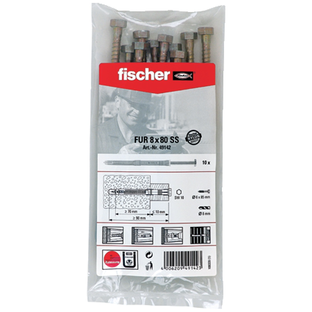 Fischer Langschaftdübel FUR 8 x 80 SS B (Beutel 10 Stk.) mit Sechskantschraube
