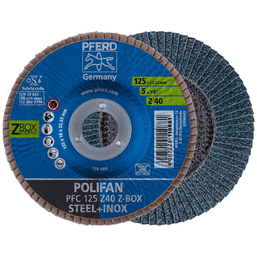 PFERD TOOLS POLIFAN Fächerscheibe PFC 125x22,23 mm konisch Z40 Startlinie START STEELOX Stahl/Edelstahl