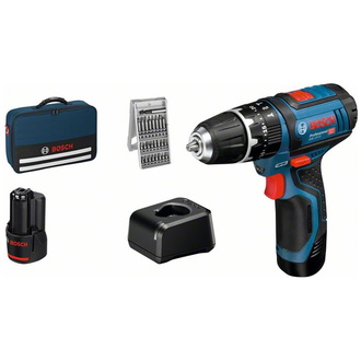 Bosch Akku-Schlagbohrschrauber GSB 12V-15, incl. 2x Akku GBA, Ladegerät, 25-tlg. Bit-Set, Werkzeugtasche