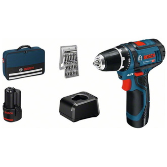 Bosch Akku-Bohrschrauber GSR 12V-15, incl. 2x Akku GBA 2 Ah, Ladegerät, 25-tlg. Bit-Set, Werkzeugtasche