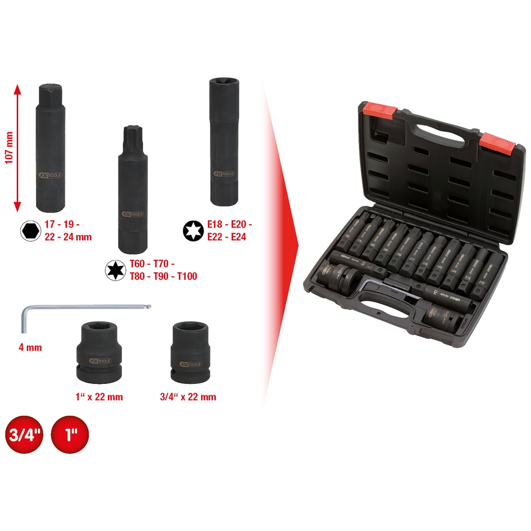 KS Tools 3/4+1 Kraft-Wechsel-Stecknuss- und Bitstecknuss-Satz, 16-tlg